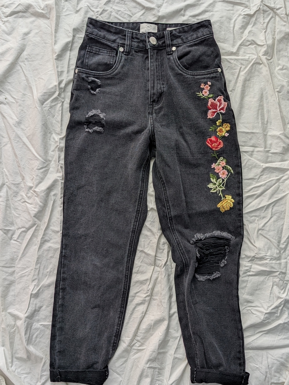 Cotton On Black Boyfriend Jeans with Floral Embroidery